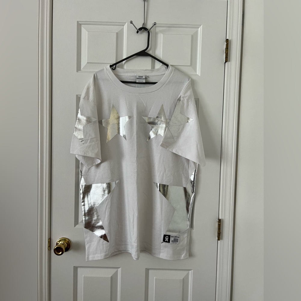 Good American white tshirt dress with silver stars